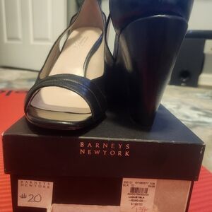 Barney's New York Black Leather Peep Toe Wedge